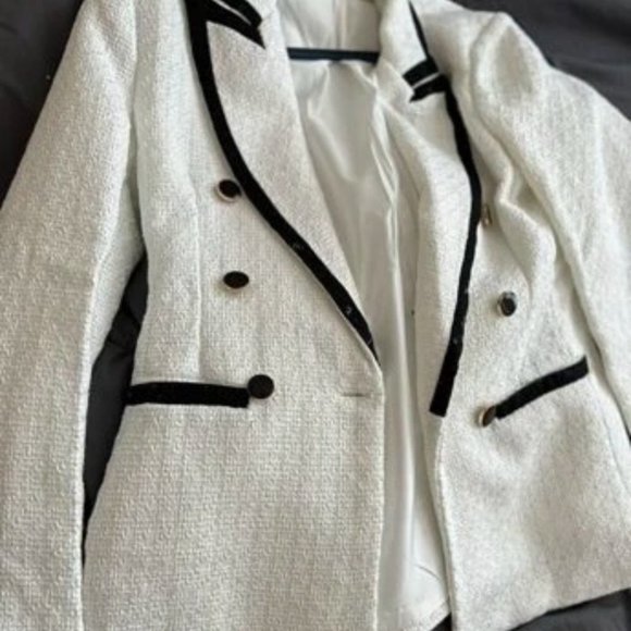 Contrast Trim Lapel Neck Double Breasted Tweed Overcoat - Picture 2 of 7